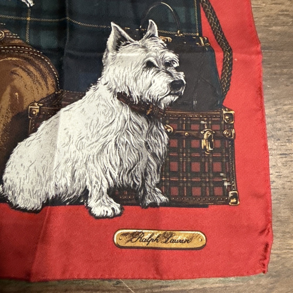 VTG Ralph Lauren Silk Scarf Terrier Dog Plaid Scottie Travel Theme Hotel 21" - Picture 2 of 9